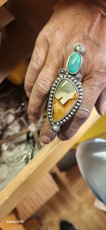Sterling silver adjustable ring with picture jasper &amp; turquoise stones