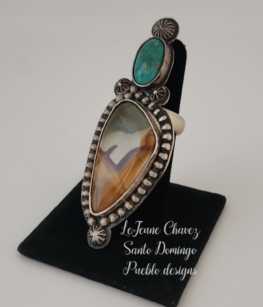 Sterling silver adjustable ring with picture jasper &amp; turquoise stones