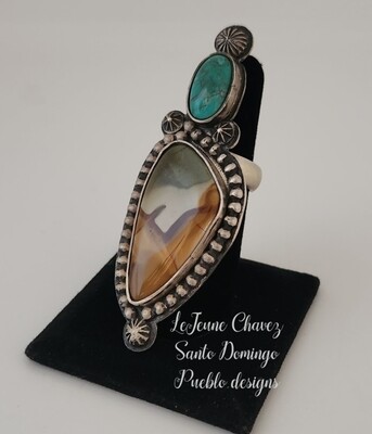 Sterling silver adjustable ring with picture jasper & turquoise stones