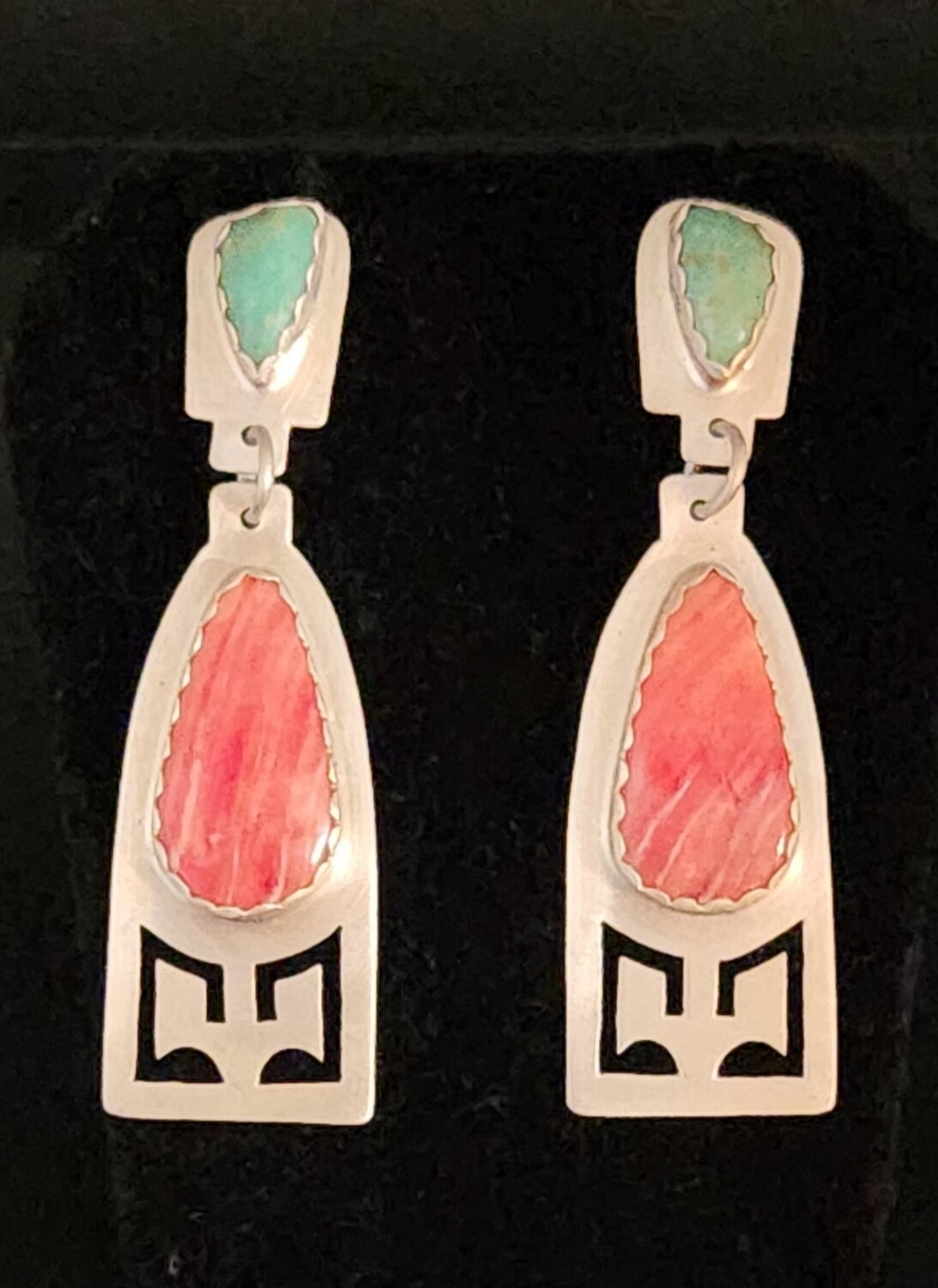 Sterling silver dangle earrings with natural spiney oyster shell &amp; Kingman turquoise stones