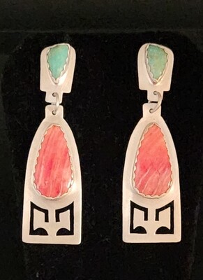 Sterling silver dangle earrings with natural spiney oyster shell & Kingman turquoise stones