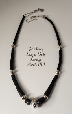 Natural Black Jet heshi style necklace with handmade sterling silver beads