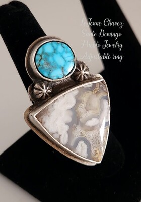 Sterling silver adjustable ring. KINGMAN turquoise & Laced Agate stone