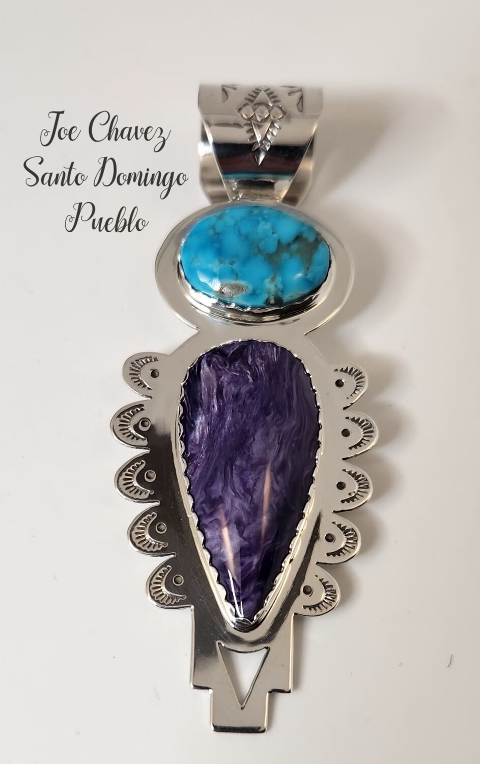 Sterling silver pendant with natural Charoite stone and Kingman Turquoise.