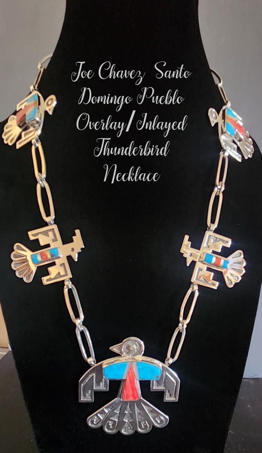 Sterling silver santo domingo pueblo thunderbird inlayed overlay necklace