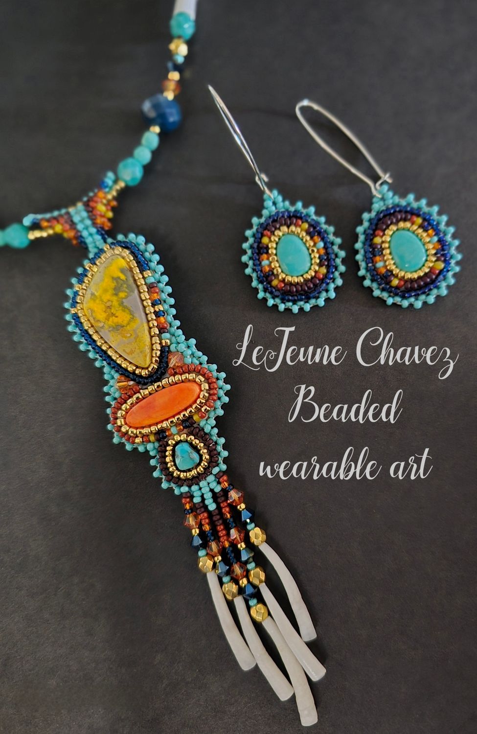 Beaded Necklace w/stones &amp; shells-matching earring set