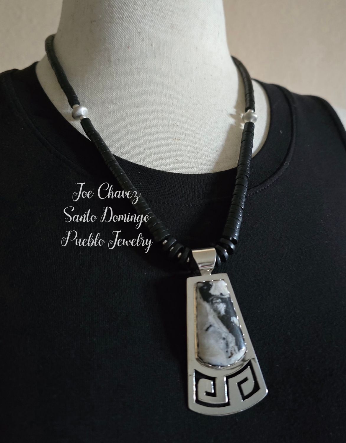 Natural Black Jet/ Sterling silver Pendant/White Buffalo stone