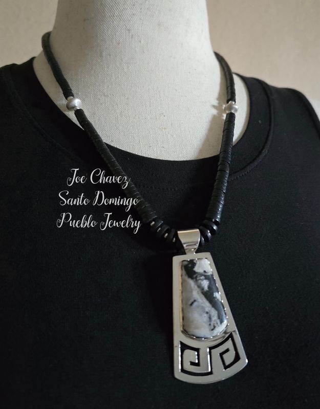 Natural Black Jet/ Sterling silver Pendant/White Buffalo stone
