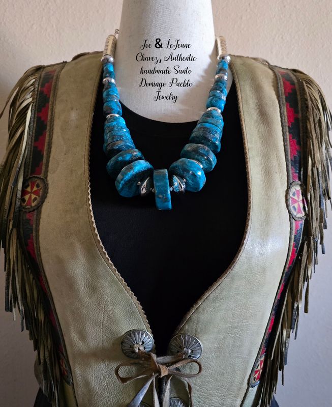 BEAUTIFUL &amp; STUNNING! Santo Domingo Pueblo turquoise necklace with handmade sterling silver beads, barrels, hook &amp; eye