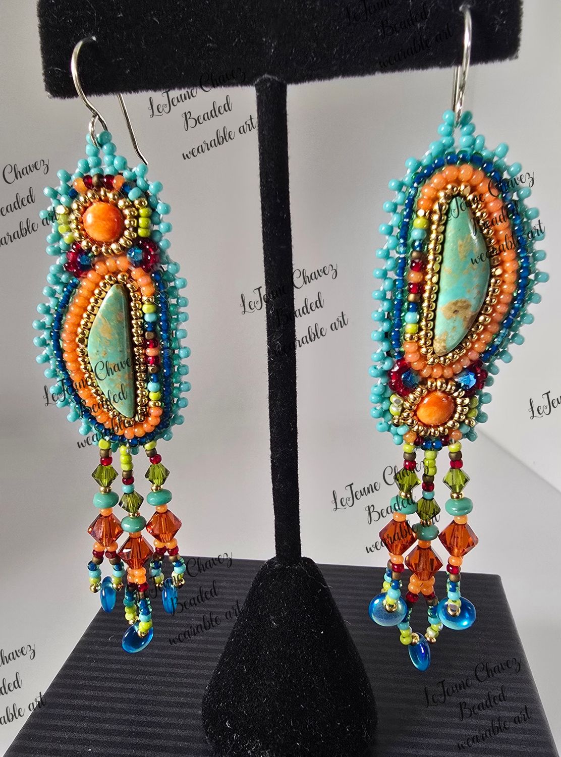 Beaded earrings with turquoise stones &amp; Spiney oyster shell