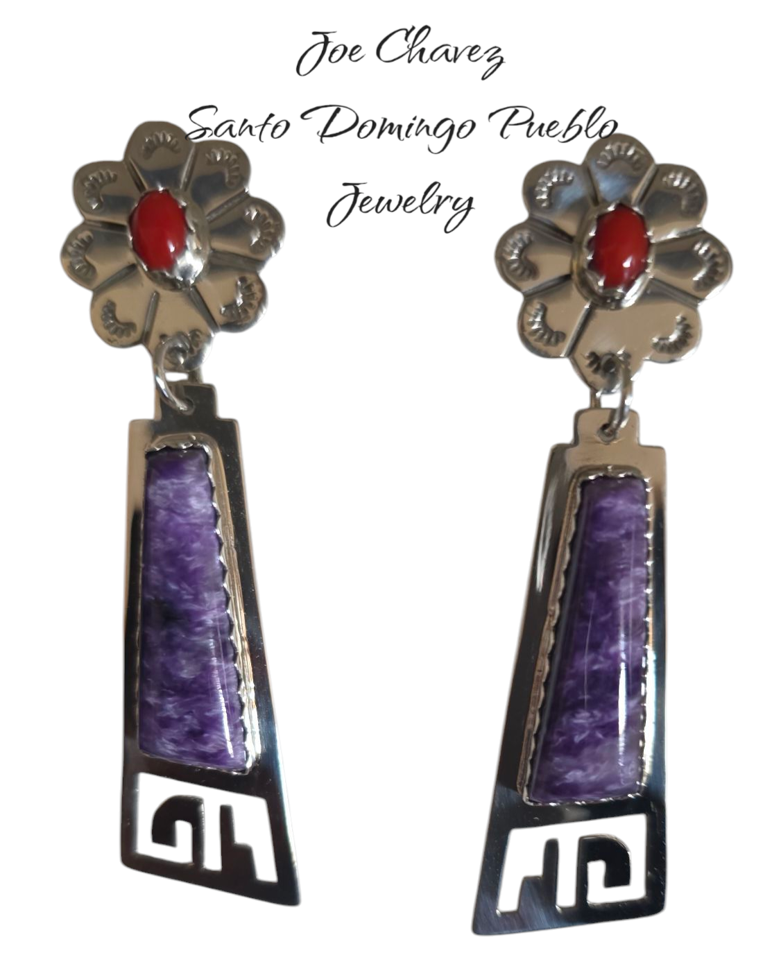 Sterling silver earrings with natural Mediterranean Coral &amp; Charoite stones