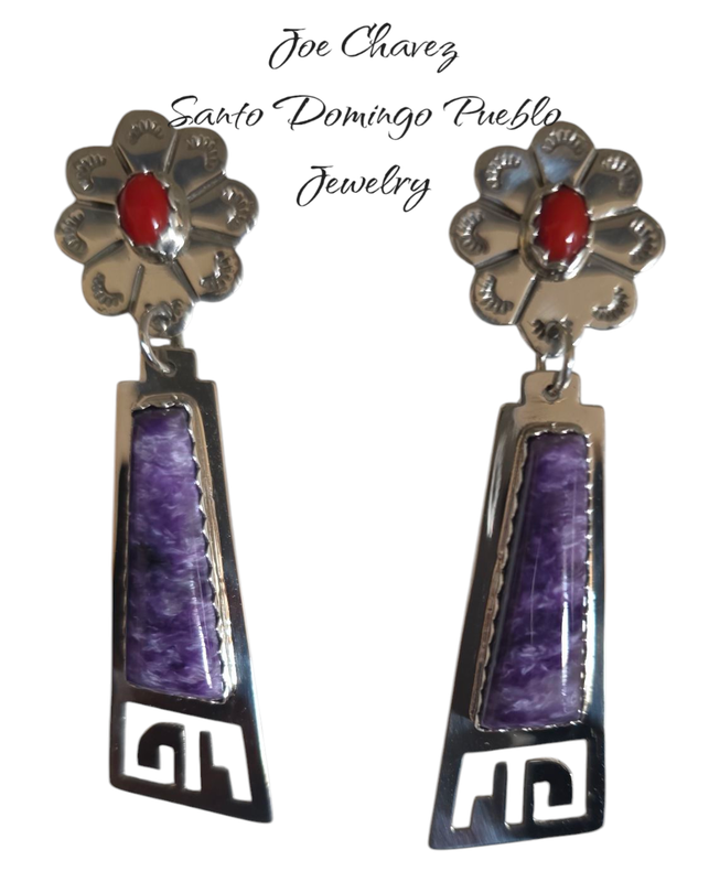 Sterling silver earrings with natural Mediterranean Coral &amp; Charoite stones