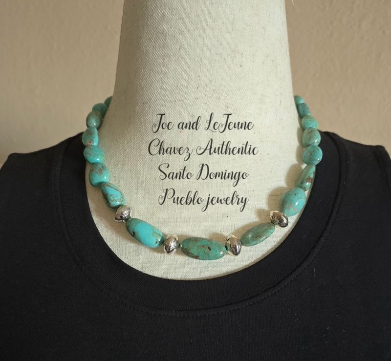 Kingman turquoise nugget neck piece with handmade sterling silver beads