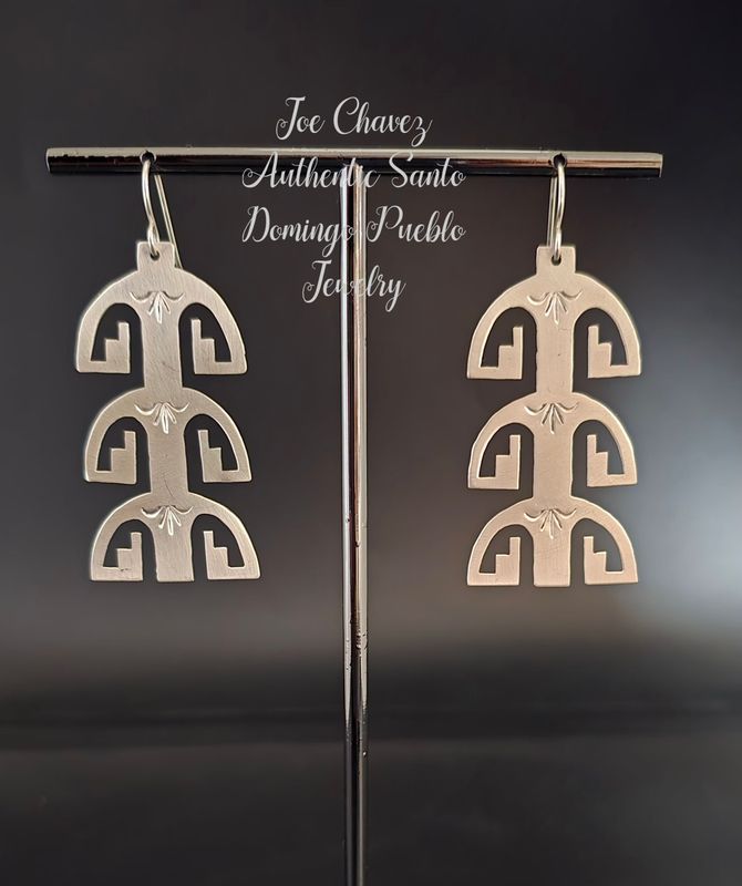 Sterling silver brushed finish polish cutout earrings with Pueblo symbols
