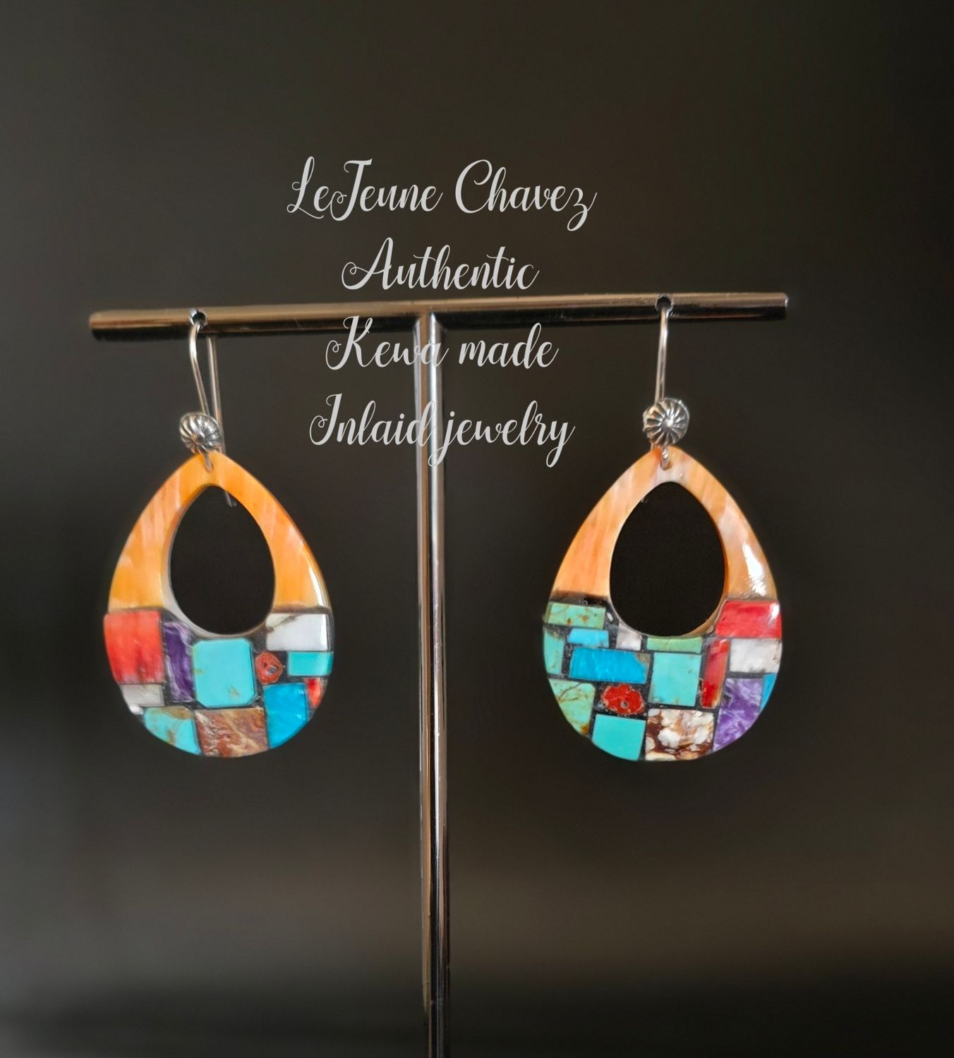 Inlaid earrings on Natural Spiney Oyster shell. Handmade sterling silver earwires