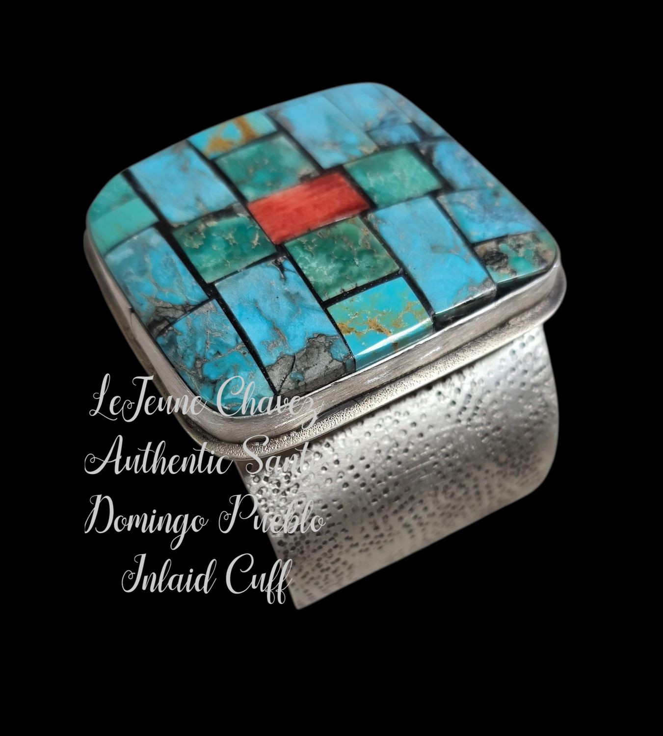 Textured sterling silver cuff with Inlaid turquoise and Spiney Oyster shell