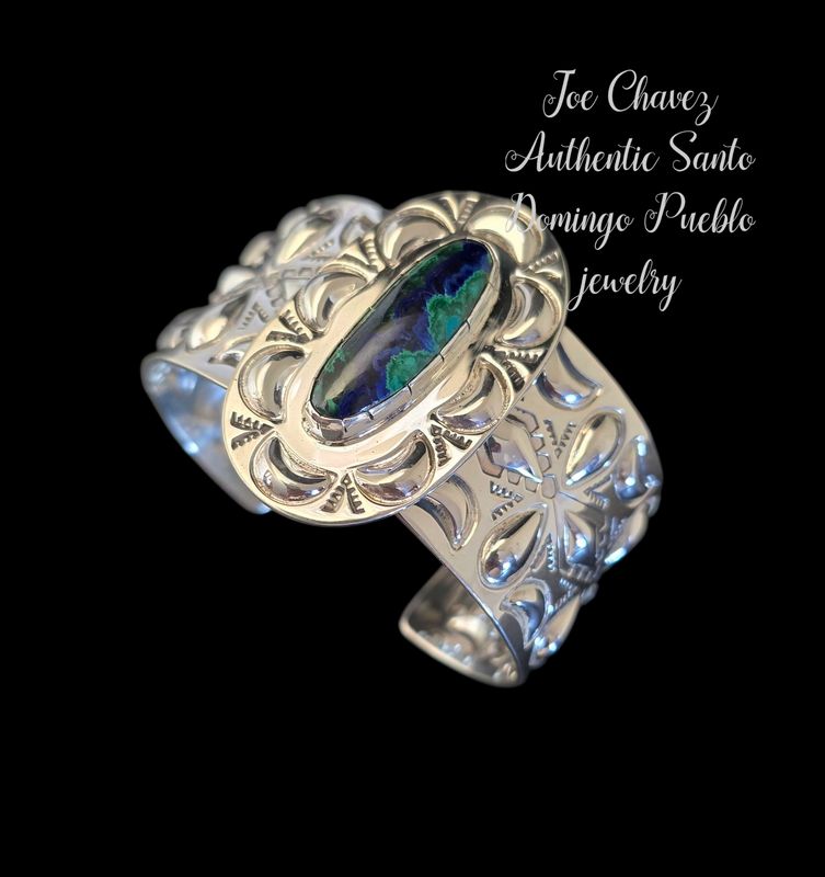 Sterling silver Repouss`e stampwork designs with high-quality natural Azurite/Malachite stone