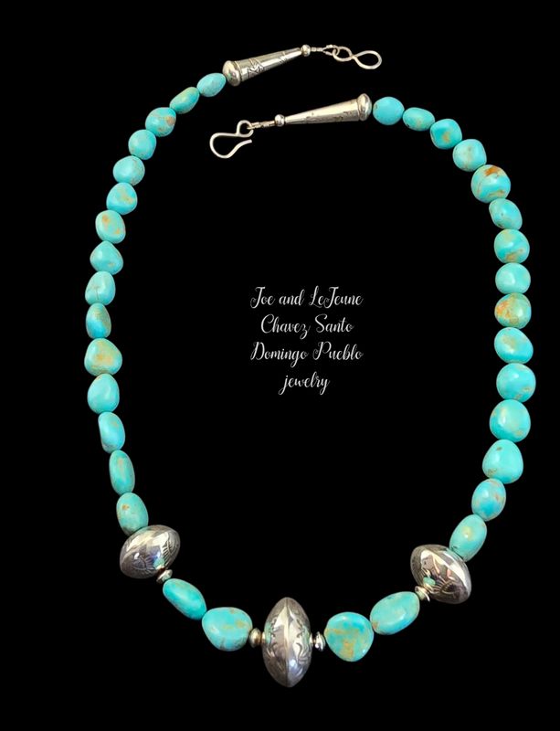 Kingman turquoise nugget necklace with HANDMADE sterling silver beads