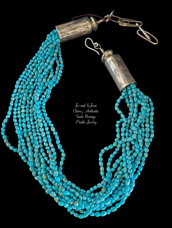High-quality 10 strand Kingman turquoise necklace w/handmade sterling silver barrels, clasps and extender