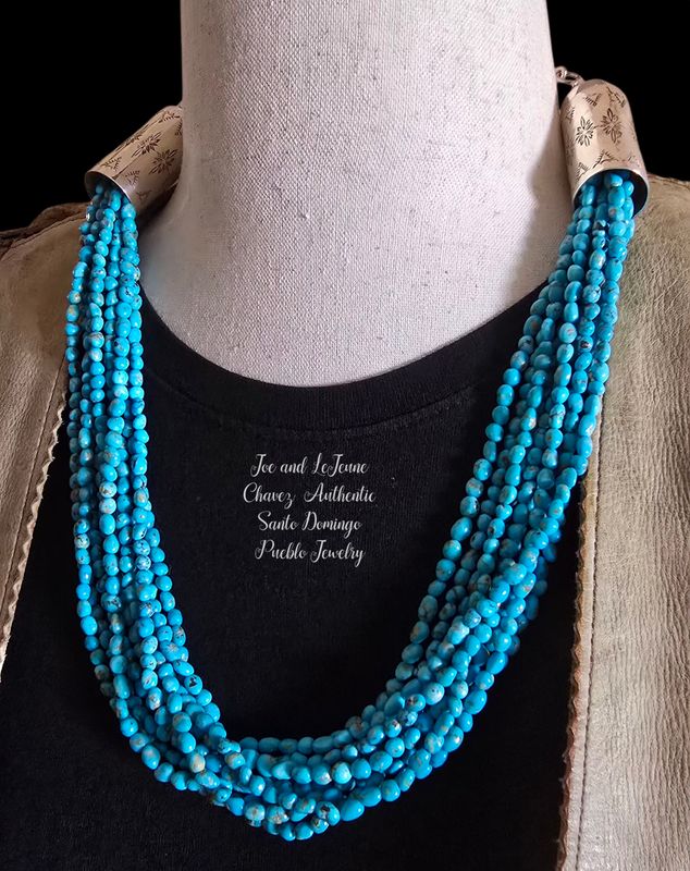 High-quality 10 strand Kingman turquoise necklace w/handmade sterling silver barrels, clasps and extender