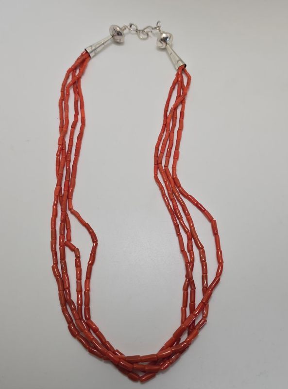4 strand Mediterranean Coral necklace with handmade sterling silver cones, beads and clasps