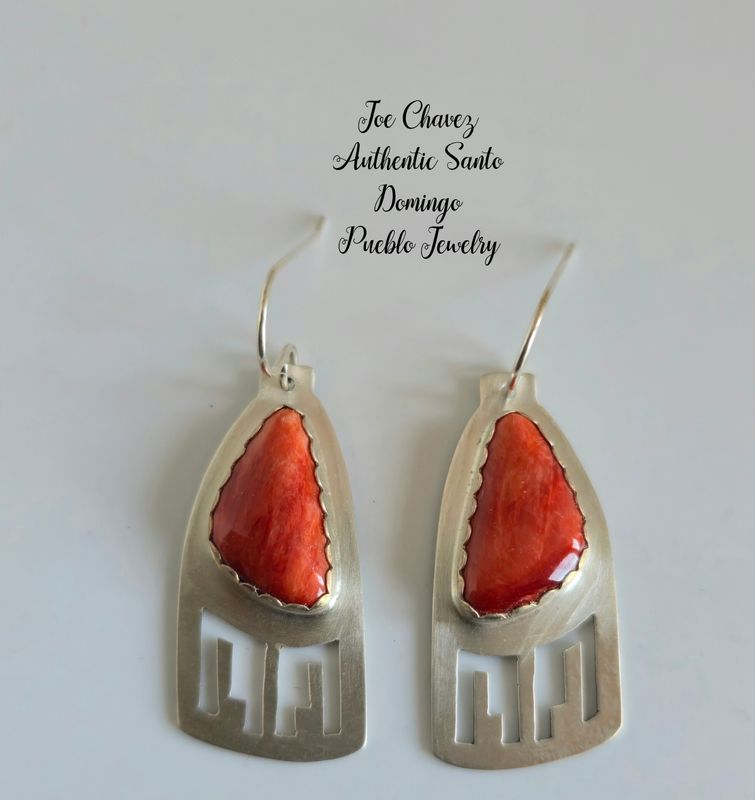 Sterling silver earrings with natural Spiney Oyster shell &amp; traditional Pueblo symbols