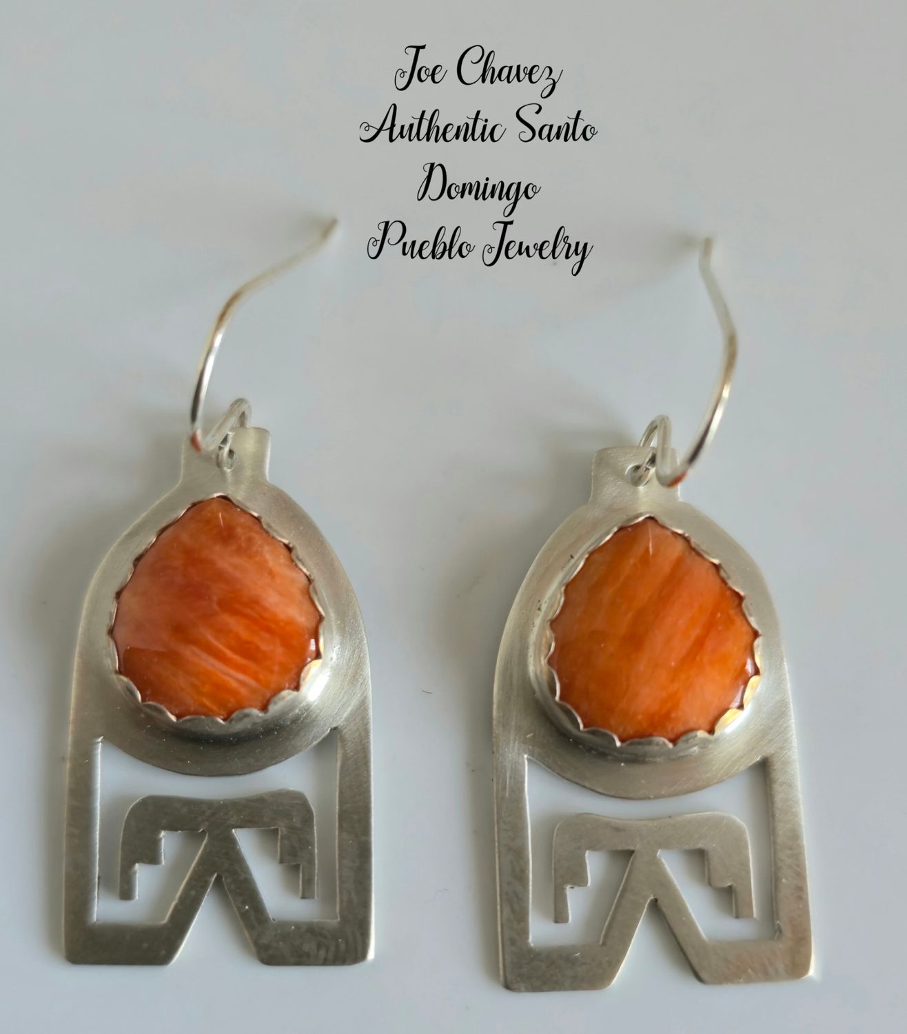 Sterling silver earrings with natural Spiney Oyster shell &amp; traditional Pueblo symbols