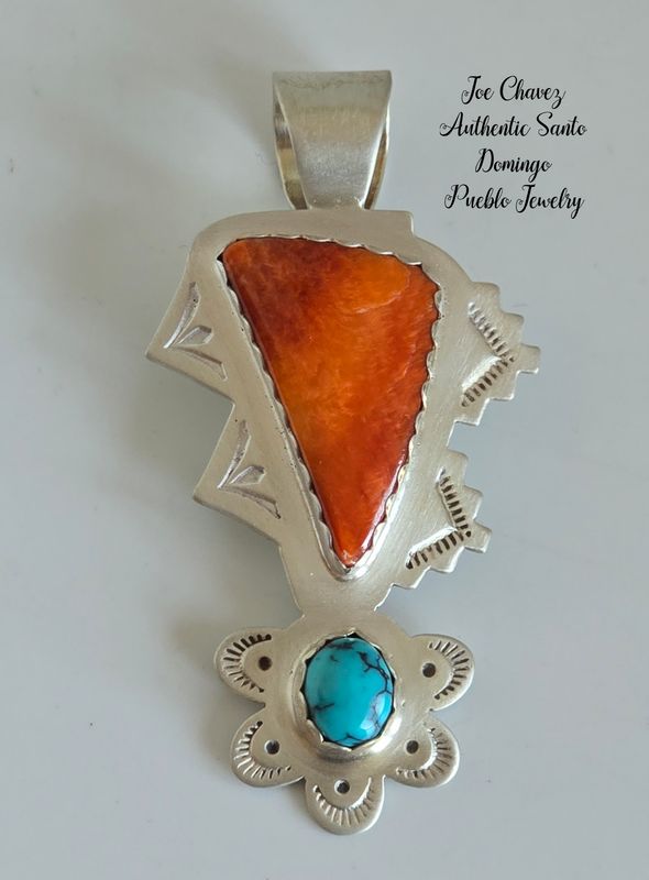 Sterling silver Pendent with Spiney Oyster shell &amp; Sleeping Beauty Turquoise with stampwork designs