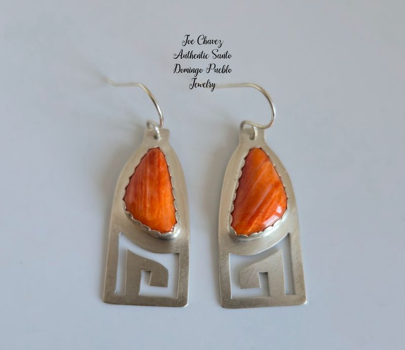 Sterling silver earrings with natural Spiney Oyster shell &amp;traditional Pueblo symbols