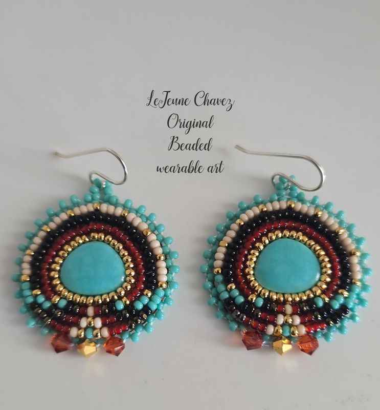 Beaded wearable art earrings with Kingman turquoise stone