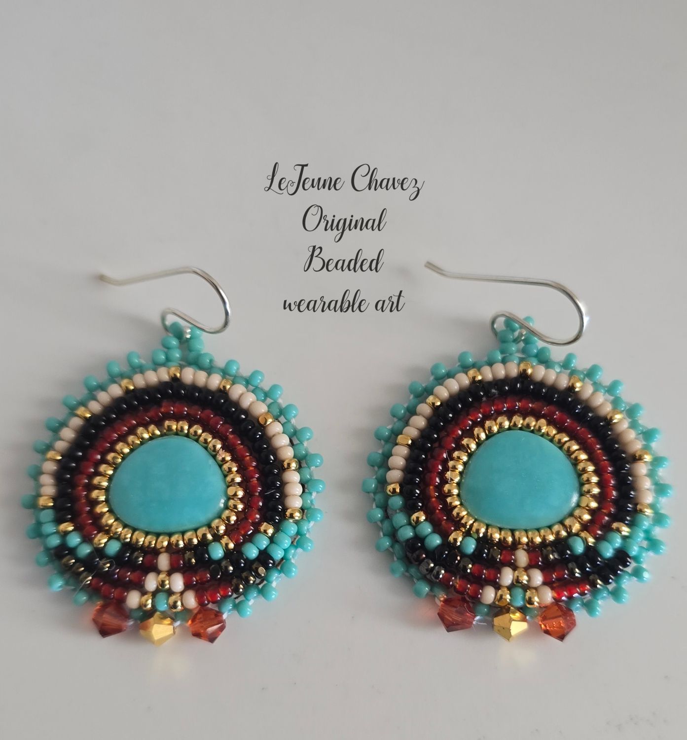 Beaded wearable art earrings with Kingman turquoise stone