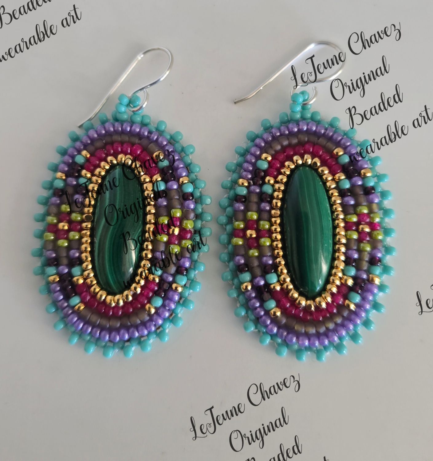 Beaded wearable art earrings with natural Malachite stones