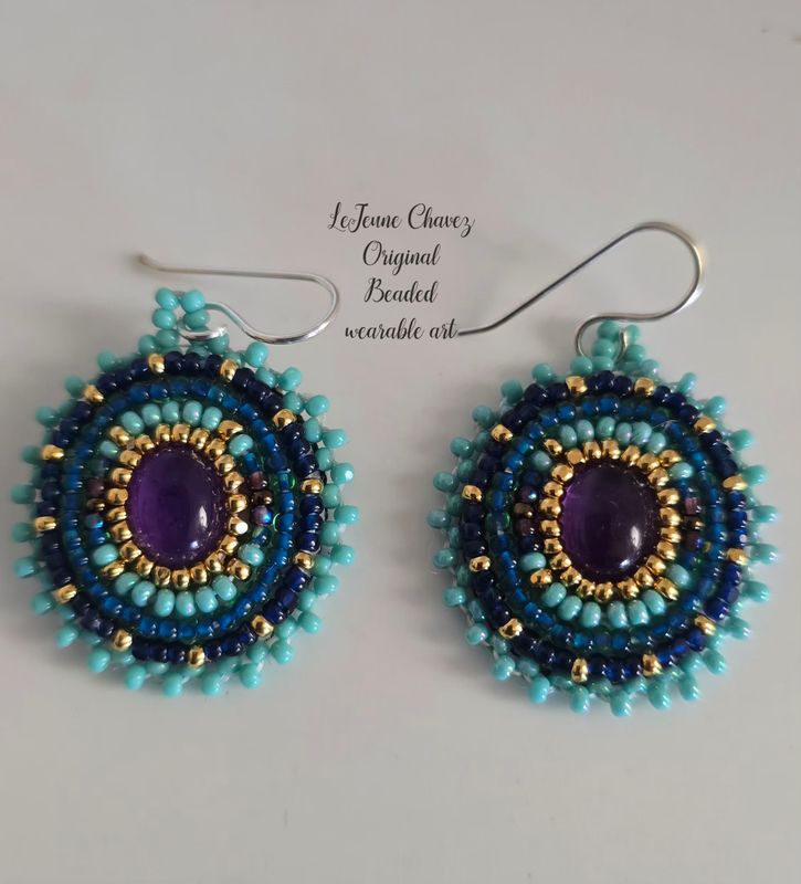Beaded wearable art earrings with natural Amethyst stones