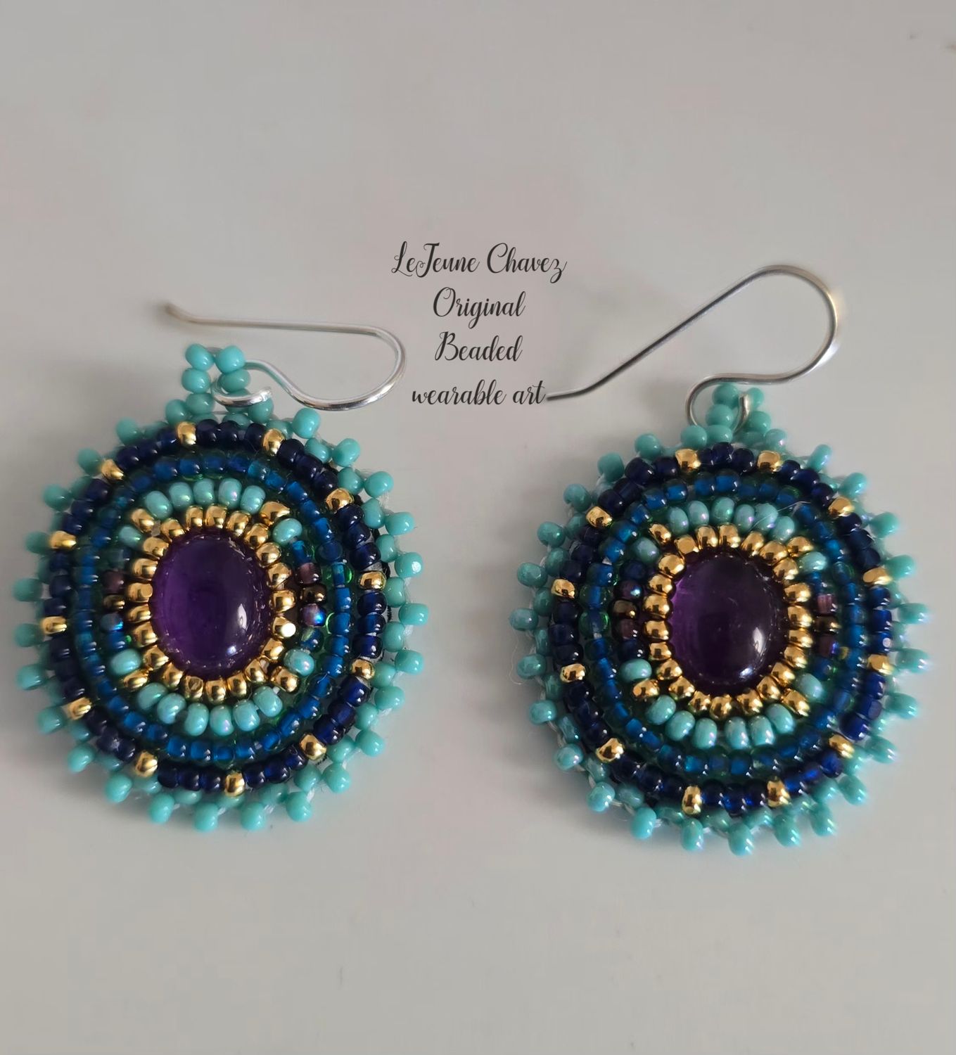 Beaded wearable art earrings with natural Amethyst stones