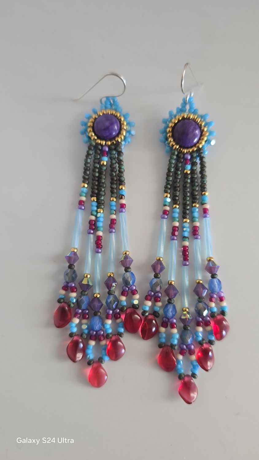 Beaded wearable art earrings with natural Charoite stones