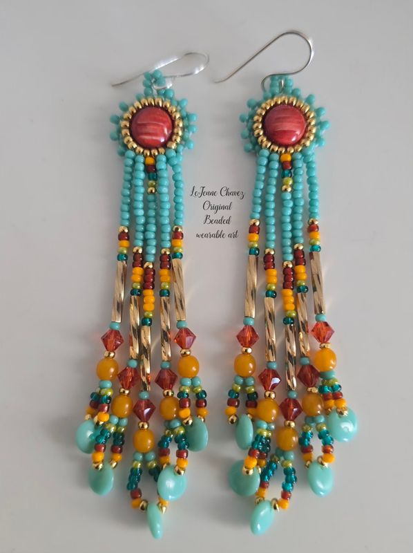 Beaded wearable art earrings with natural Spiney Oyster shell