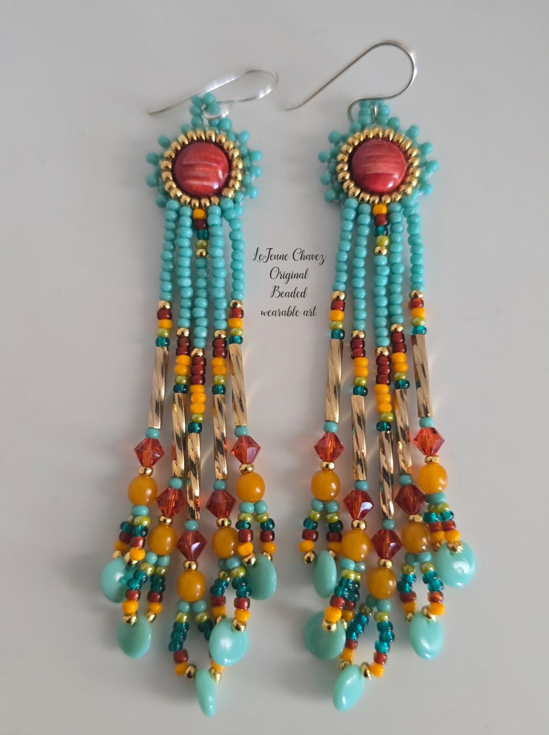 Beaded wearable art earrings with natural Spiney Oyster shell