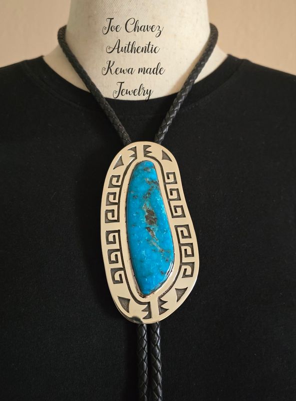 Large Overlay sterling silver Bolo tie with Beautiful Blue Kingman turquoise