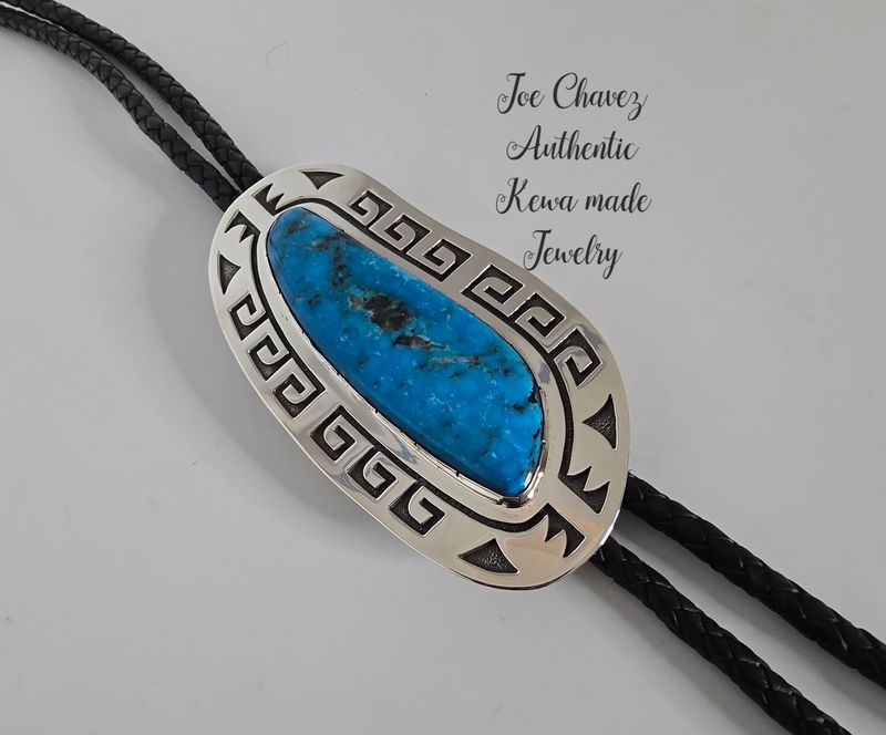 Large Overlay sterling silver Bolo tie with Beautiful Blue Kingman turquoise