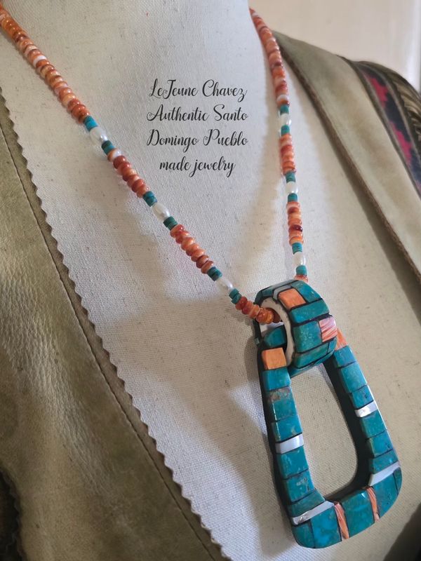Turquoise and Spiney Oyster shell inlaid Pendent with necklace