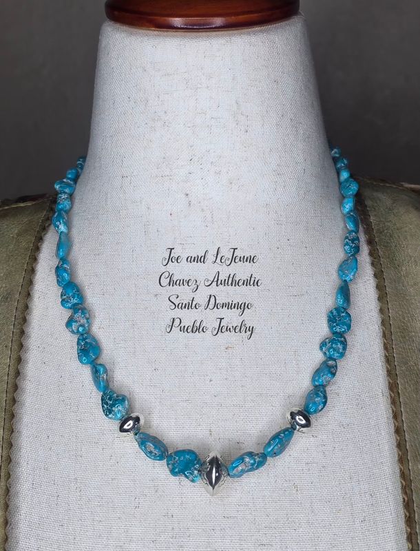 Sleeping Beauty turquoise nugget necklace with HANDMADE sterling silver beads, cones and clasps