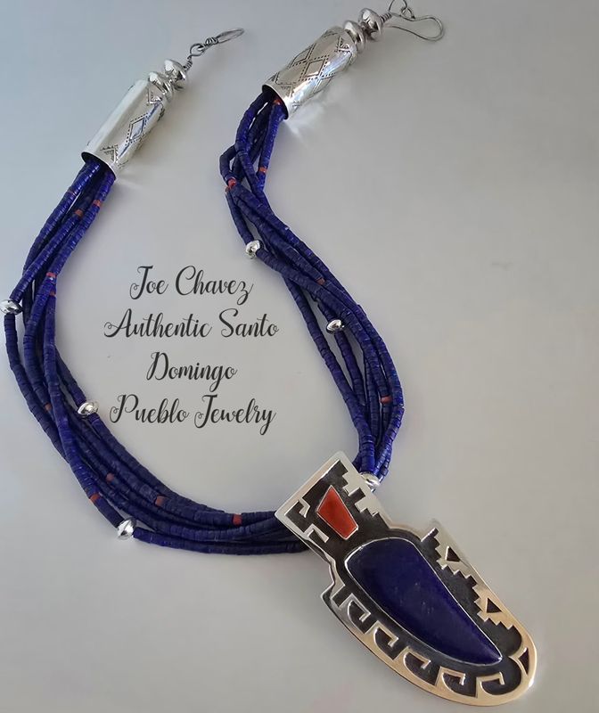 Natural high-quality 5 strand Lapis Lazuli/Coral and handmade sterling silver bead necklace with matching pendant