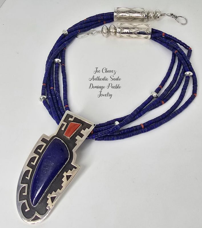 Natural high-quality 5 strand Lapis Lazuli/Coral and handmade sterling silver bead necklace with matching pendant