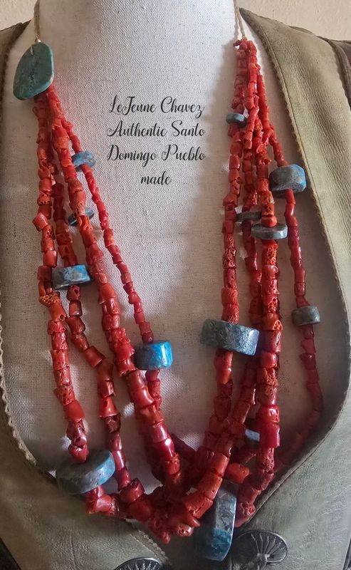 Vintage 5 strand Mediterranean Coral necklace with hand shaped turquoise beads