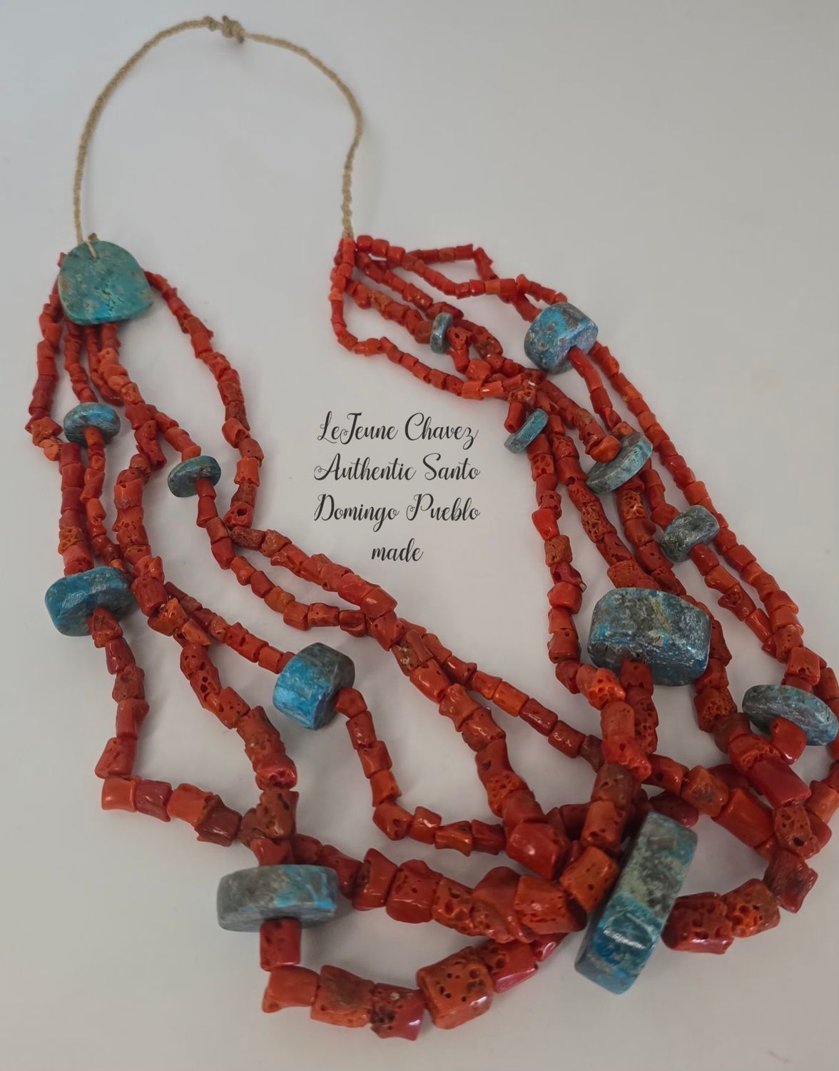 Vintage 5 strand Mediterranean Coral necklace with hand shaped turquoise beads