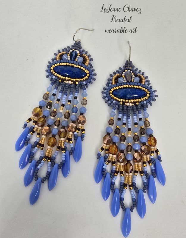 Beaded wearable art earrings with natural Denim Lapis stones