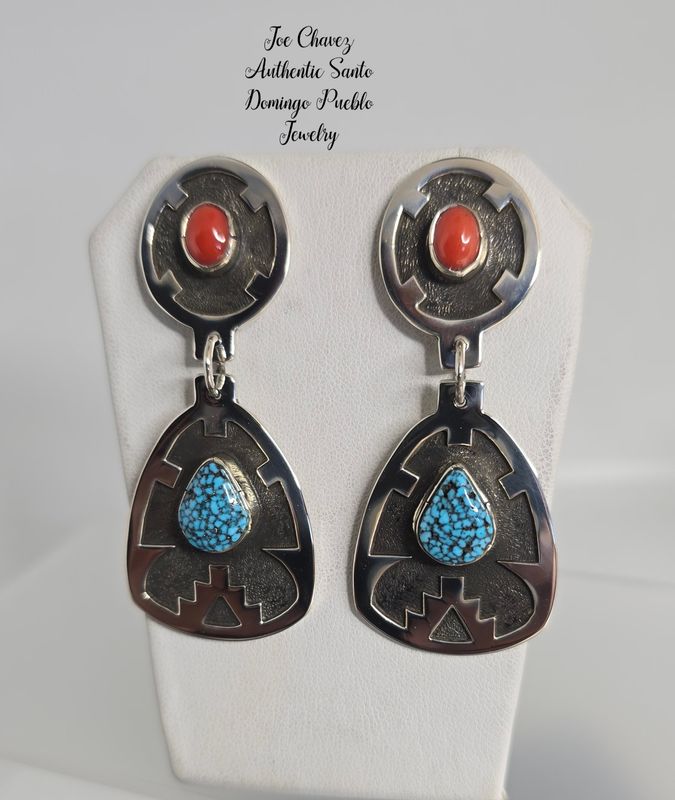 Sterling silver Overlay earrings with Mediterranean Coral and high-quality Ithaca web turquoise