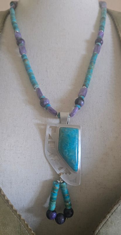 Natural Charoite stones &amp; Kingman turquoise with sterling silver Pendent
