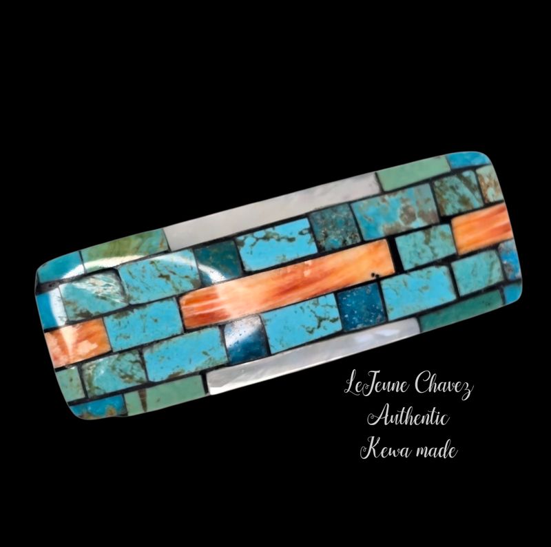Inlaid hair barrette-turquoise, Spiney Oyster shell, mother-of-pearl shell