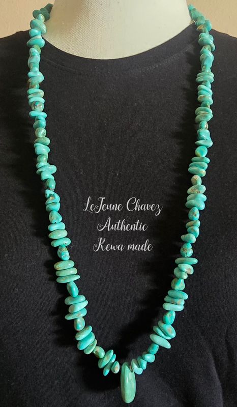 Classic Kingman turquoise stone necklace with wrapped tie on end